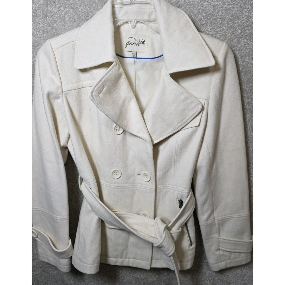 Grane Pea Coat Women Large Ivory Wool Blend Double Breasted Belted Winter Jacket